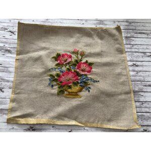Original Vintage Hand Embroidery Yarn Needlepoint Cottage Flower 16x18" Unframed